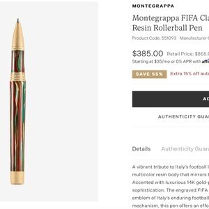 NWT Limited Edition Montegrappa FIFA Classics Italy Multicolor Rollerball Pen